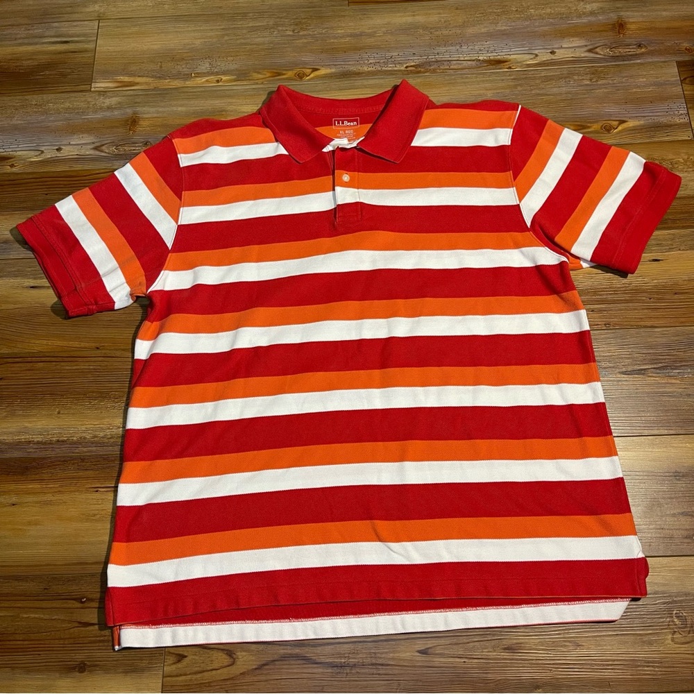 L.L.Bean Men's Short Sleeve Striped Polo Shirt No Signs Of Wear Red Orange White